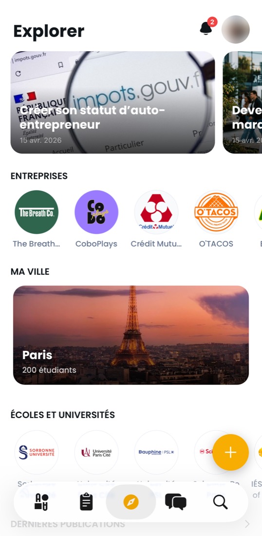Écran Explorer de l'application Ambassia : marques, ville et écoles