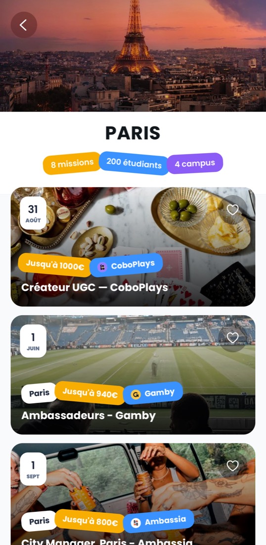Page de la ville de Paris dans l'application Ambassia : 8 missions, 200 étudiants, 4 campus