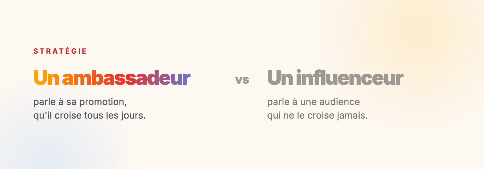 Un ambassadeur parle à sa promotion, un influenceur à une audience qui ne le croise jamais